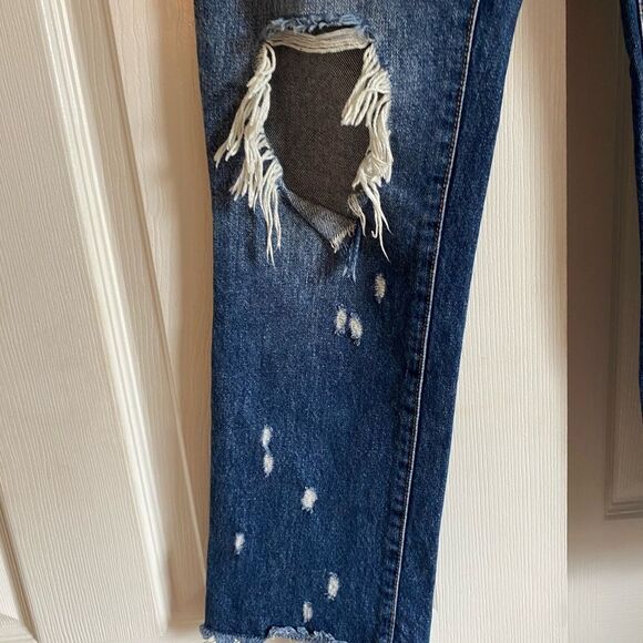 Zara Size 00 Dark Wash Distressed Jeans Straight Leg - Picture 7 of 8